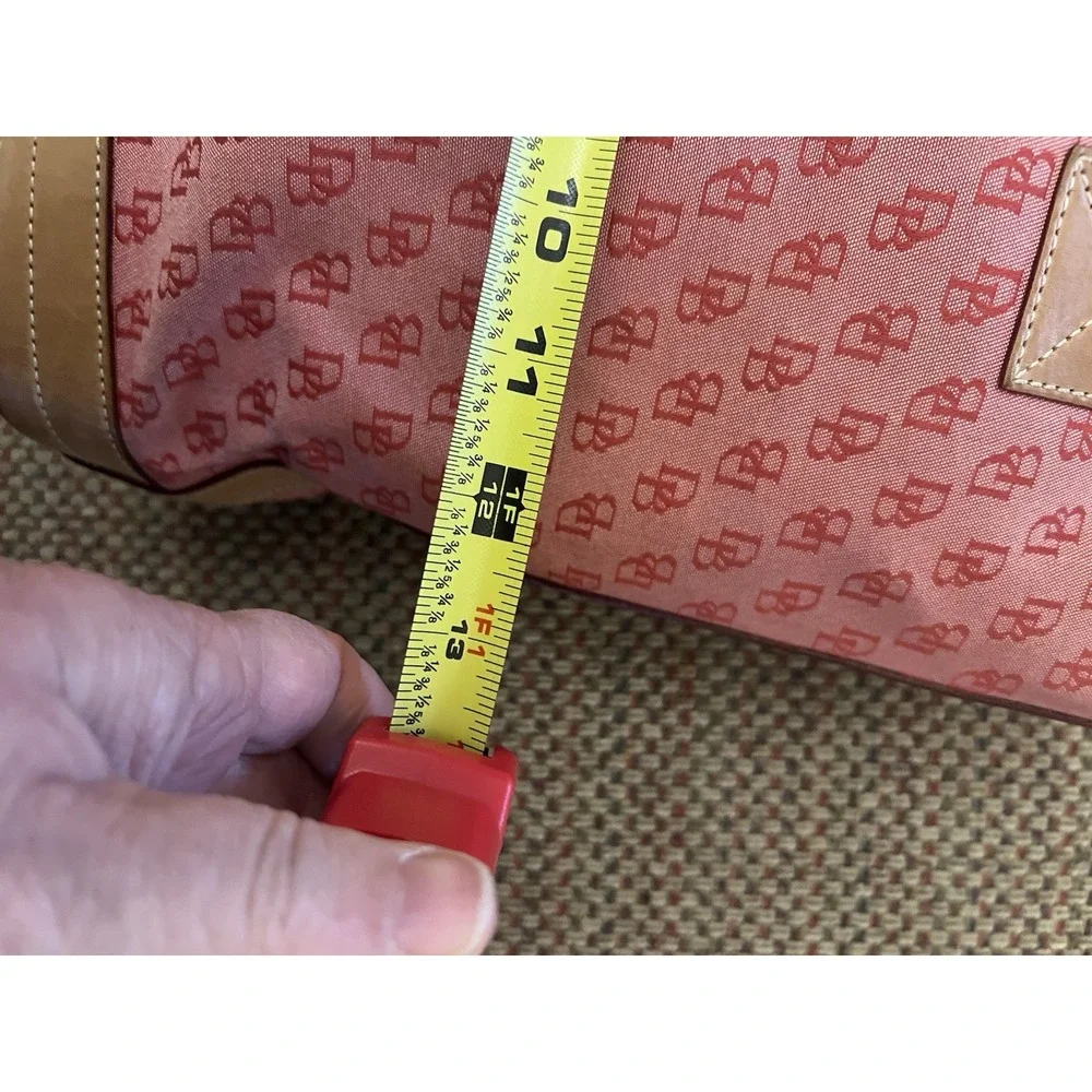 Dooney & Bourke Pink Logo Print Tote Tan Leather Trim Silver Clasp Purse EUC